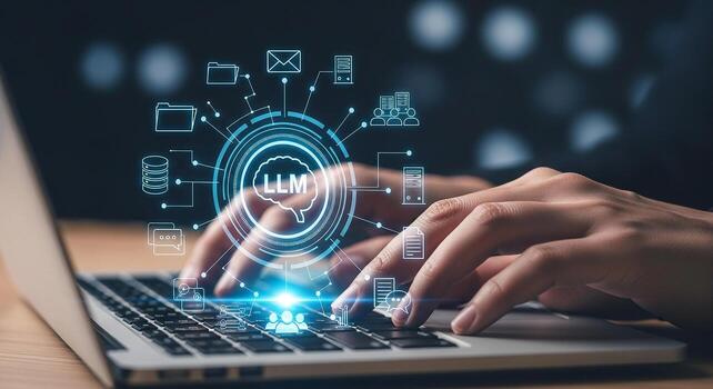 Person using laptop computer with LLM interface innovative technology futuristic digital workspace artificial intelligence data processing network big data digital transformation modern office cyber s photo