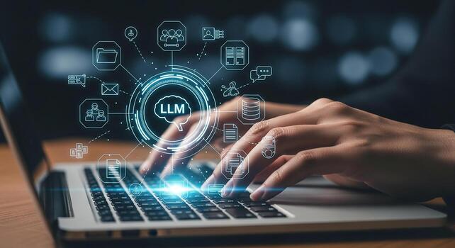 Person using laptop computer to access and process data via LLM futuristic digital workspace with glowing icons representing AI machine learning and data processing Concept of innovation and technolog photo
