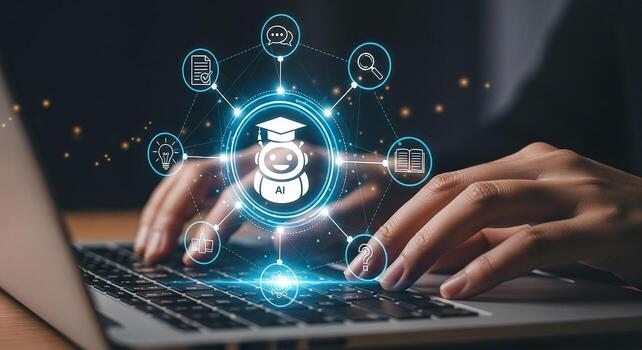 Person using laptop computer to access AI powered educational resources and online learning platforms achieving academic success and future innovation photo