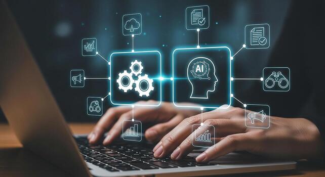 Person using laptop computer to manage AI and machine learning processes showcasing innovative technology and future business solutions The image depicts a futuristic digital workspace with glowing ic photo