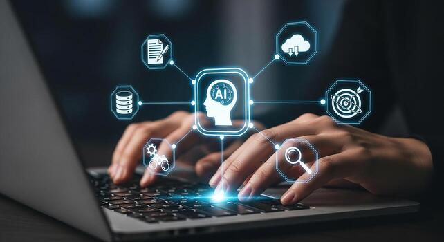 Person using laptop computer interacting with futuristic AI interface showcasing innovative technology and digital transformation The image conveys a concept of progress innovation and the future of t photo