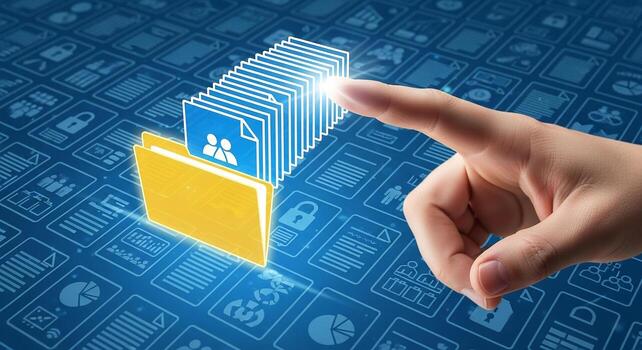 Hand interacting with digital files and folders on a technological interface symbolizing data management digital organization and efficient workflow in a modern workspace photo