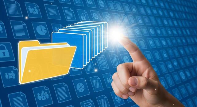 Hand interacting with digital folders and files on a touchscreen interface symbolizing data management and digital organization in a modern technological environment photo