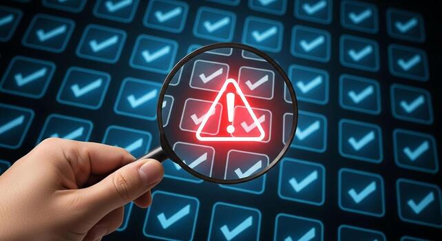 Hand holding magnifying glass revealing a red warning alert among many checkmarks on a digital screen highlighting a critical error or anomaly in a system check or quality control process The image ev photo