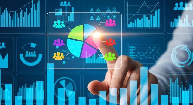 Hand Interacting with Futuristic Interface Showing Pie Chart and Bar Graphs for Data Analysis and Business Intelligence photo