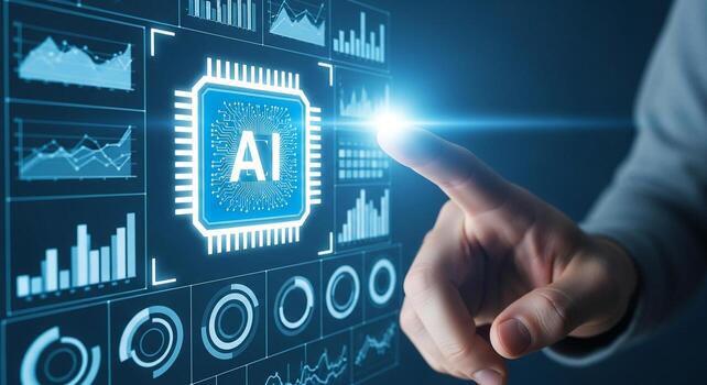 Hand Interacting with Futuristic AI Interface Showing Data Analytics and Charts Concept of Artificial Intelligence and Technological Advancement photo