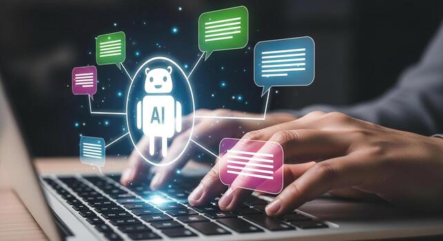 Person using laptop computer interacts with AI chatbot digital communication futuristic technology concept photo