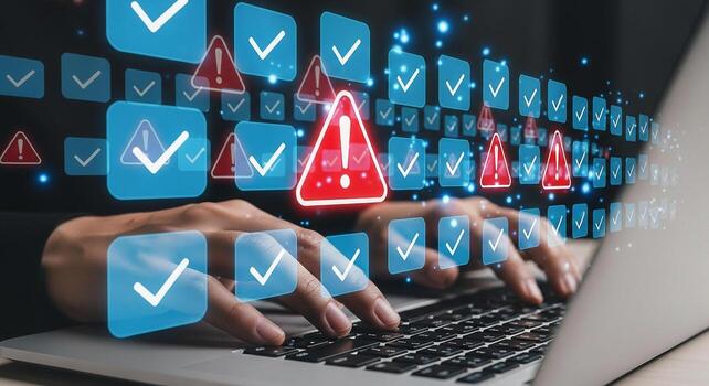Person working on laptop computer with digital check marks and warning signs symbolizing risk management and cybersecurity The image conveys a sense of urgency and the importance of data security in t photo