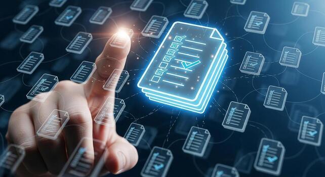 Hand Interacting with a Digital Interface Showing Checklists and Documents Representing Efficient Workflow and Task Management in a Modern Business Setting photo