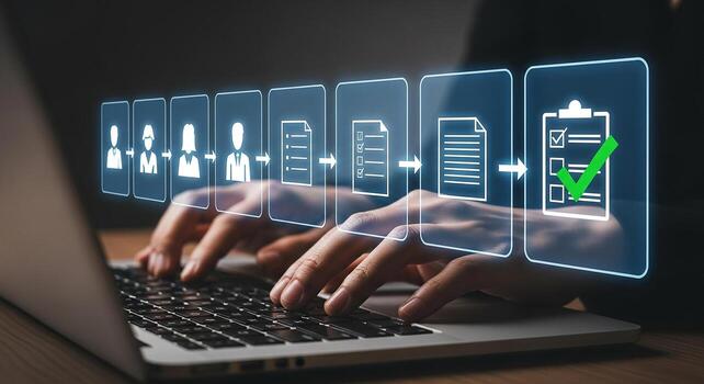 Person working on laptop computer managing workflow and digital documents completing tasks and achieving goals in a modern office setting The image depicts a successful business process efficient task photo