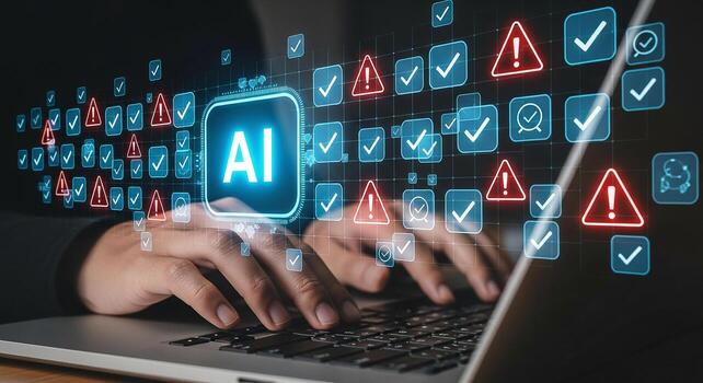 Person working on laptop computer analyzing AI data risk management cybersecurity and digital transformation Check marks and warning signs represent success and potential issues in AI development and photo