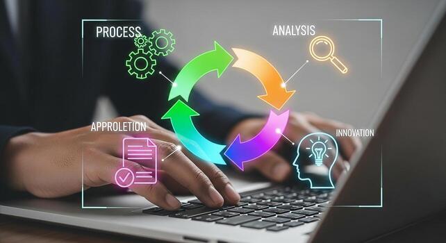 Person working on laptop computer managing a digital business process analyzing data and driving innovation The circular workflow graphic represents a continuous improvement cycle The image evokes a s photo