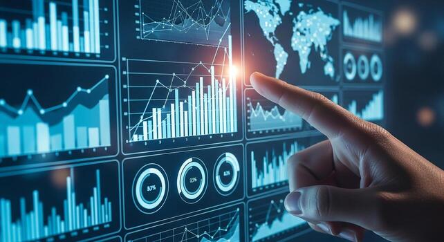 Hand interacting with a digital interface displaying various charts and graphs analyzing data for business intelligence and strategic planning The futuristic dashboard shows growth progress and global photo