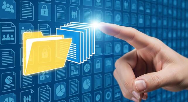 Hand selecting digital files from a virtual folder on a digital screen interface representing secure data management and efficient document access photo