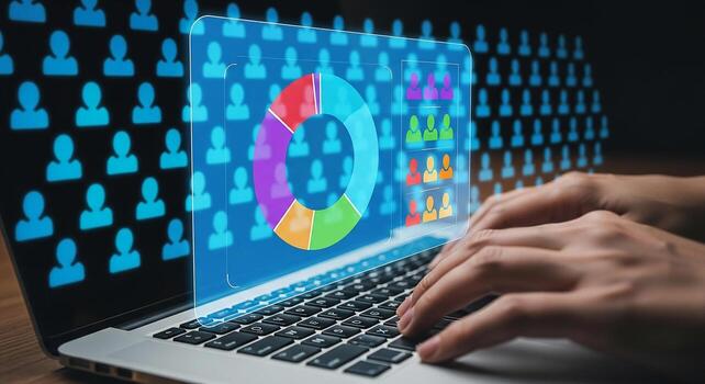 Person analyzing marketing data and demographics on laptop digital pie chart and user icons on screen business analytics concept photo