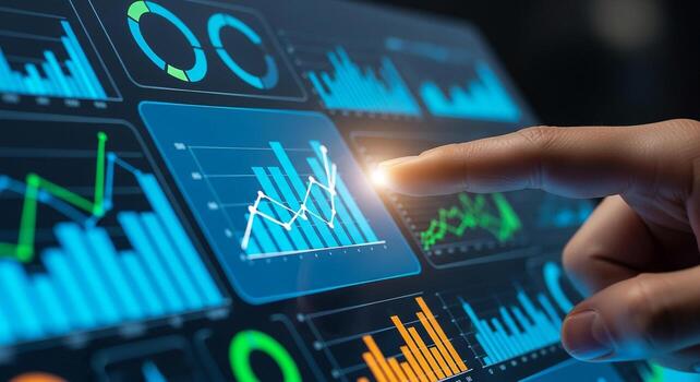 Hand interacting with a digital screen displaying various financial graphs and charts analyzing business data for strategic planning and growth This image depicts concepts of data analysis market tren photo