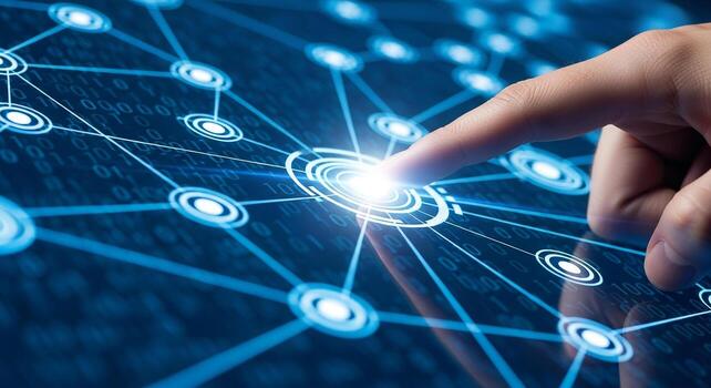 Fingertip interacting with a digital network interface showcasing futuristic technology and global connectivity The image evokes a sense of innovation progress and the interconnected world of data and photo