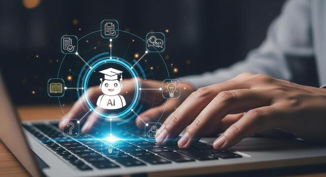 Person using laptop computer to access AI-powered education resources and online learning platforms studying innovative technology future of education concept photo