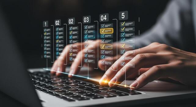Person efficiently managing tasks and deadlines using a laptop visualized as a digital timeline of completed and upcoming to-dos showcasing effective time management and productivity in a modern works photo