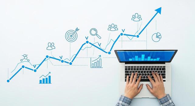 Person working on laptop computer analyzing positive business growth charts and graphs depicting progress success and upward trend Top view of hands typing on a laptop with blue growth chart and icons photo