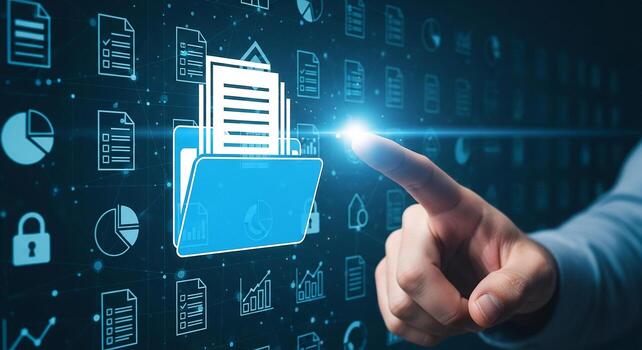 Hand interacting with digital interface showing document folder charts and graphs concept of data management and digital document storage photo