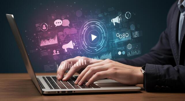 Person using laptop computer to manage digital marketing campaign analyzing data and social media metrics in a modern office setting The image conveys a concept of strategic planning and online busine photo