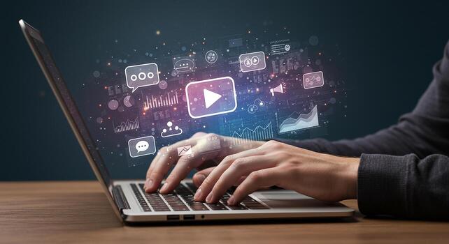 Person creating and editing content using a laptop computer at a desk surrounded by digital media icons and data charts representing modern production and digital marketing photo