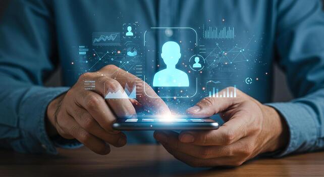 Man using smartphone to access digital profile information with futuristic interface charts and graphs Futuristic technology concept Businessman working on mobile device analyzing data and statistics photo
