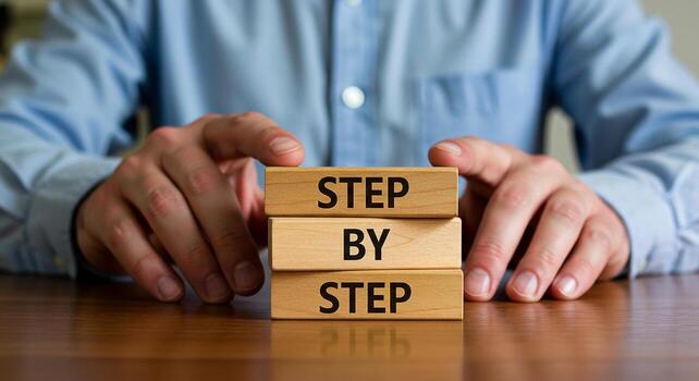 Man arranging wooden blocks spelling out Step by Step on a desk illustrating a process strategy or plan The image conveys concepts of planning process methodology and step-by-step guidance photo