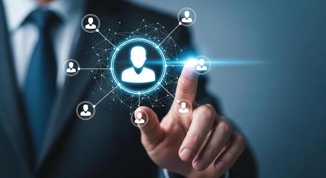 Businessman Interacting with a Futuristic Digital Network Interface Selecting a Profile Concept of Global Networking and Teamwork photo