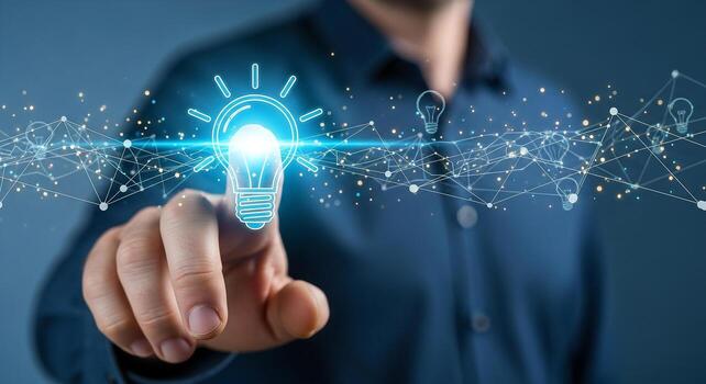 Person activating a glowing lightbulb idea in a futuristic digital network symbolizing innovation and connection photo
