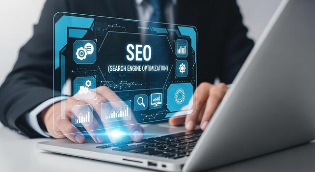 Businessman working on laptop managing SEO strategy with digital interface showing search engine optimization keywords data analysis and online marketing Concept of digital marketing and online busine photo