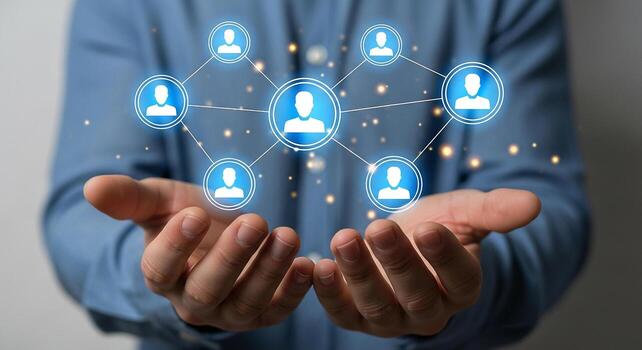 Man presenting network connection social media concept digital human resources global communication network of people technology digital connection social network online community teamwork collaborati photo