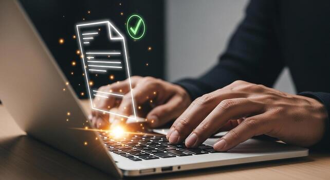 Person working on laptop computer reviewing digital document with check mark modern workspace concept of successful online business photo