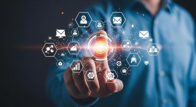 Man Interacting with Futuristic Digital Interface Showing Network of Connections Data and Technology Icons photo