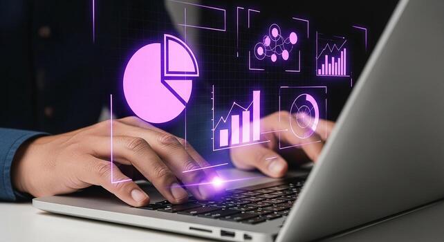 Person working on laptop with futuristic business analytics interface charts and graphs innovative technology concept photo