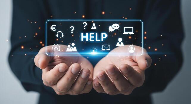 Person offering help support and assistance using a futuristic digital interface A glowing holographic display shows various help icons symbolizing online assistance and customer support The concept i photo