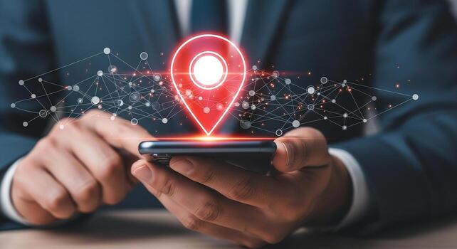 Businessman using smartphone app with GPS location pin and network connection innovative technology concept photo