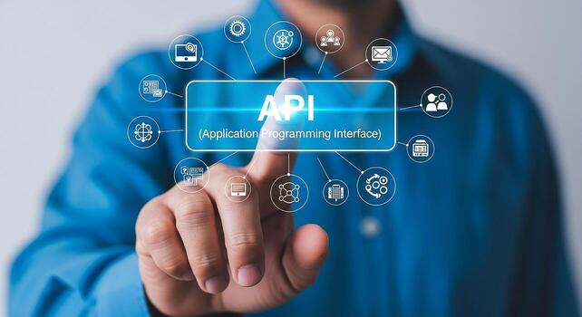 Man Interacting with Futuristic API Interface A Close-up of a Persons Finger Touching a Transparent Screen Displaying API Application Programming Interface with Related Technology Icons Symbolizing Di photo