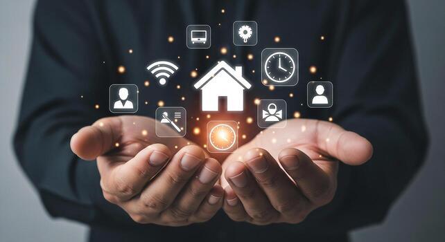 Person presenting smart home technology and automation system showcasing digital icons of home wifi time and user profiles illustrating modern home control and convenience photo
