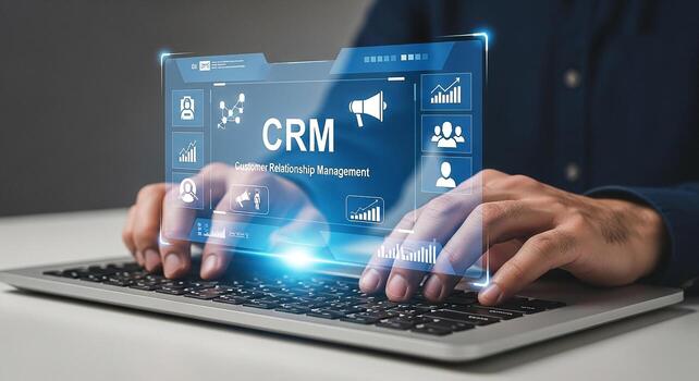 Man using laptop computer managing customer relationship management CRM data digital marketing concept modern office workplace photo