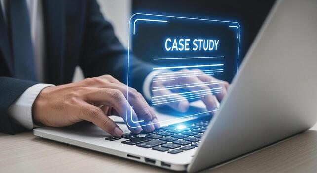 empresario trabajando en ordenador portátil computadora a oficina escritorio analizando un digital caso estudiar con futurista interfaz concepto de datos análisis investigación y estratégico planificación foto