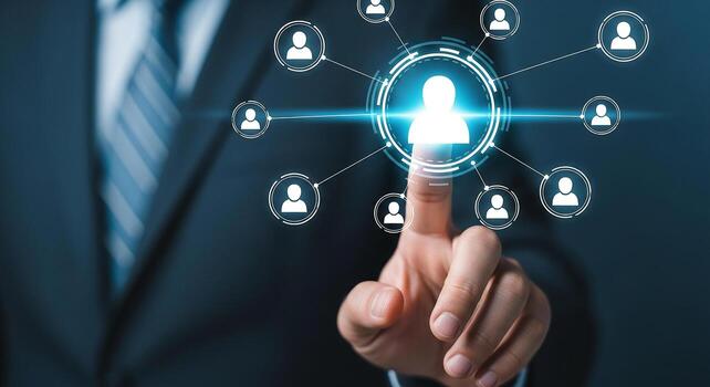 Businessperson connecting with a global network interacting with digital interface symbolizing teamwork and collaboration in a modern technological environment photo