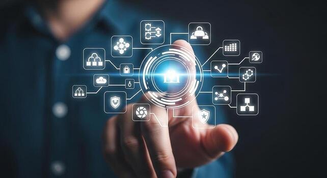 Person interacts with a futuristic digital interface managing network security and data protection a concept representing innovative technology and cybersecurity solutions in a modern setting photo