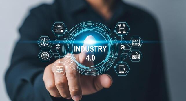 Person activating Industry 40 holographic interface showcasing smart factory automation and digital transformation signifying technological innovation and future-forward manufacturing photo