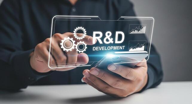 Person using smartphone to manage RD development gears and graphs on screen innovative technology concept photo