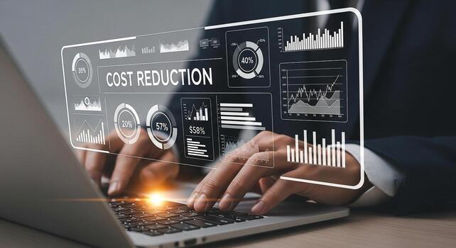 empresario analizando costo reducción estrategias utilizando un ordenador portátil computadora con holográfico cartas y gráficos en un moderno oficina ajuste simbolizando financiero planificación y eficiencia foto