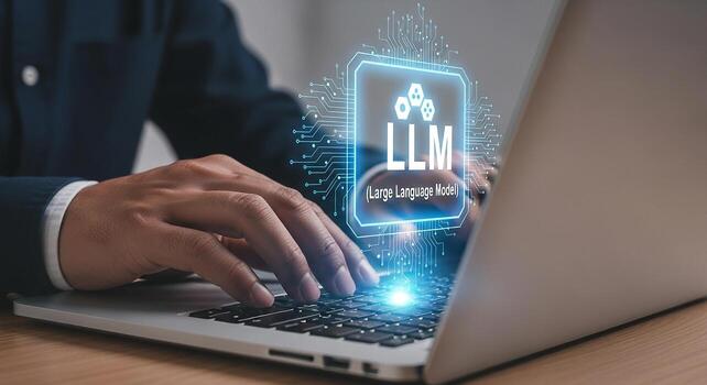 Person working on laptop computer with LLM Large Language Model interface showcasing innovative technology and digital future concept in modern office setting photo