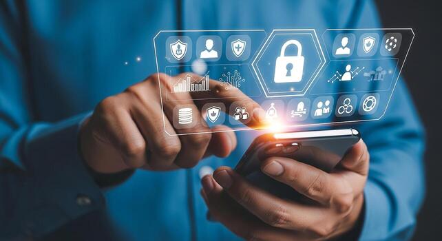 persona utilizando teléfono inteligente a acceso digital seguridad interfaz demostración datos proteccion intimidad y red seguridad el futurista holográfico monitor regalos seguro datos administración y la seguridad cibernética C foto