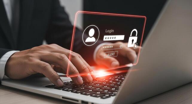 Businessman Logging into Secure System with Two-Factor Authentication on Laptop, Cybersecurity Concept photo